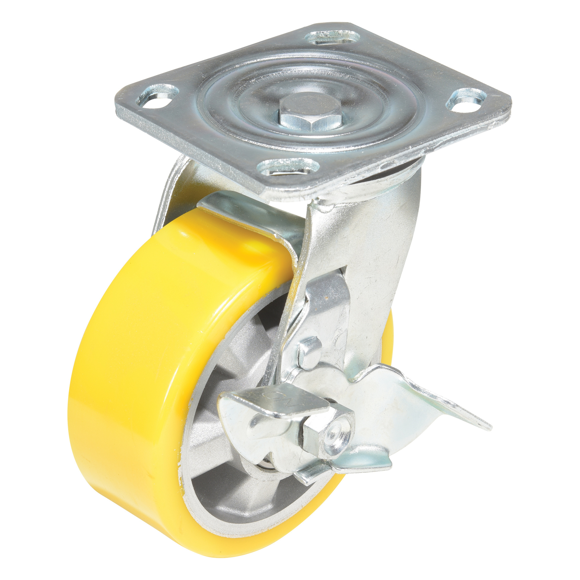 Vestil Polyurethane Swivel Caster with Brake - 5in. x 2in., Yellow, Non-Marking, Model# CST-PY-5X2PUA-SWB